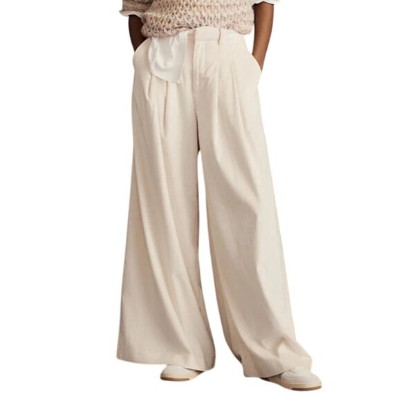 Anthropologie Maeve The Avery Pleated Wide Leg Trousers Linen Edition Size 8 - Picture 1 of 9